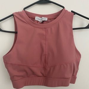 Pink open back frilly sports bra